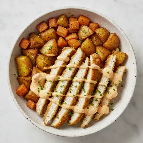 Chive Chicken Fingers with Roasted Carrots, Potato & Spicy Pommery Sauce